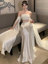 White Satin Off Shoulder Wedding Party Dress, White A-line Long Evening Dress Prom Dress